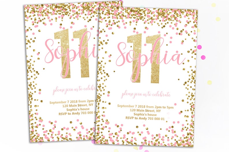 Puede incluir: Dos invitaciones id&eacute;nticas con fondo blanco, con detalles de purpurina dorada y confeti rosa. El n&uacute;mero "11" es en purpurina dorada, con el nombre "Sophia" en escritura rosa. Tambi&eacute;n se incluye el texto "please join us to celebrate".