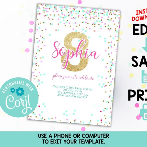 Girl 8th Birthday Invitation Instant Download Printable PDF. - Etsy