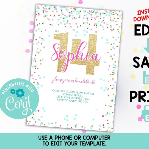 15th Birthday Invitation Editable Pink Gold Confetti Girl Teen - Etsy