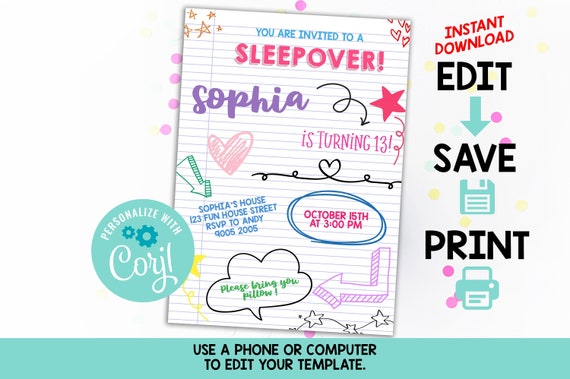 EDITABLE Sleepover Invitation Tween Girls Girl Teen Party Slumber Party Invitation Teen Invitation Instant Download TEMPLATE PRINTABLE Girls