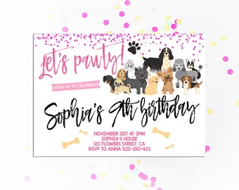 Dog Birthday Invitation Puppy Dog Girl Birthday Invite Printable Puppy Invitations Pawty Invite Puppy Party Adopt a dog Puppies Cute Pink