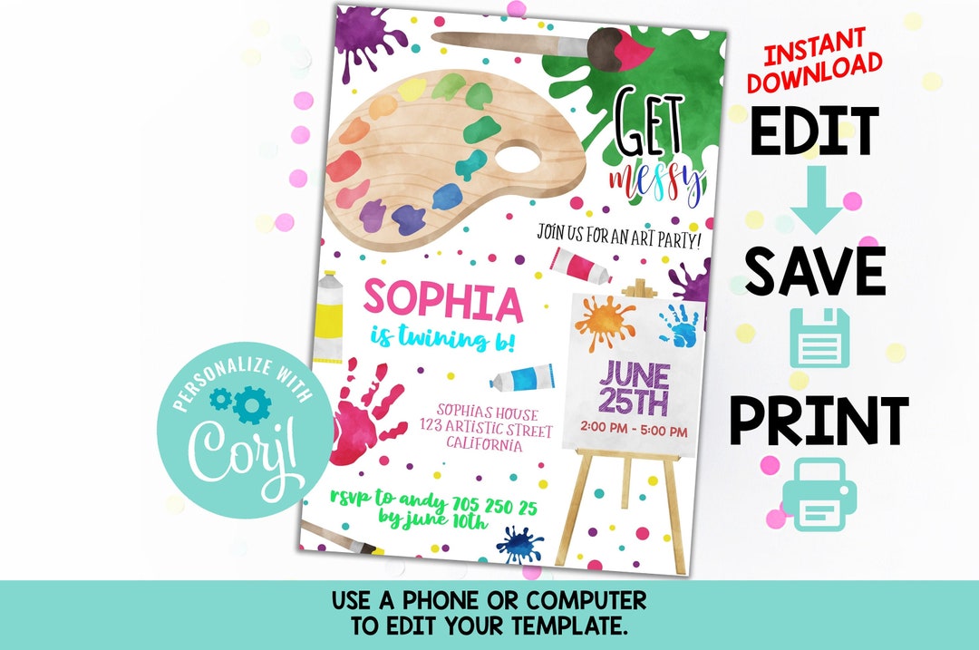 EDITABLE Art Party Birthday Invitation TEMPLATE Painting Birthday ...