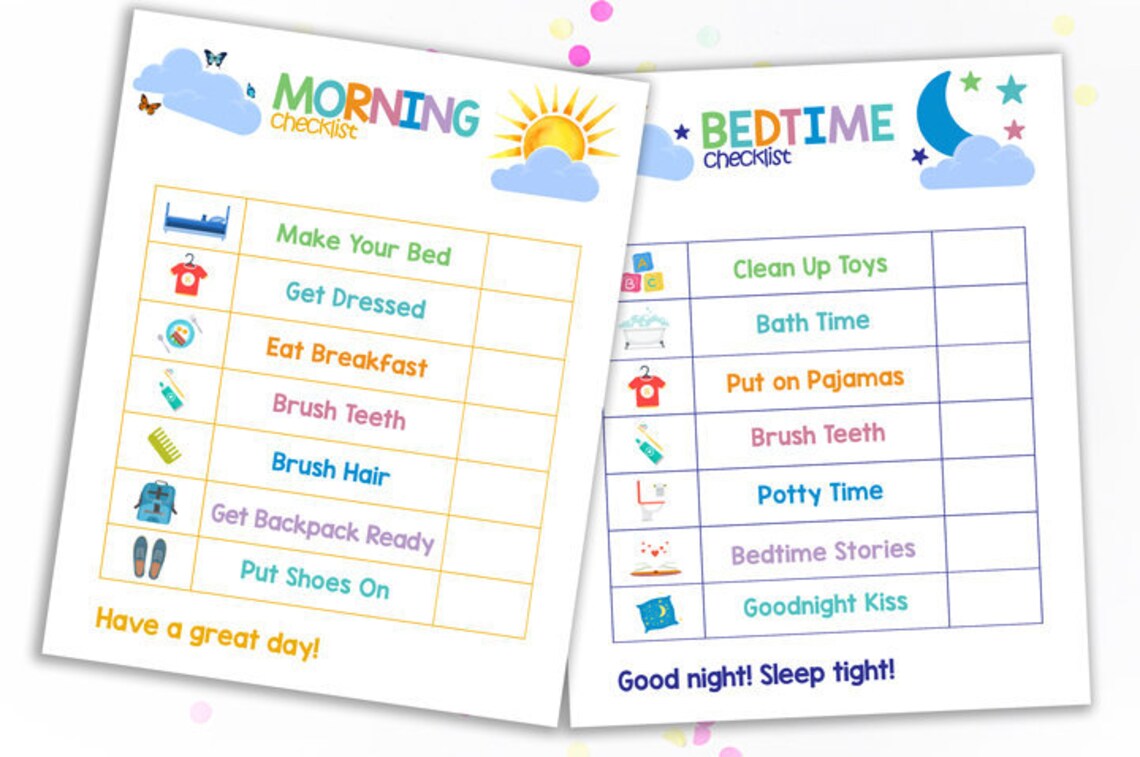 Morning Bedtime Checklist Printable Morning Chart Kids Chart | Etsy