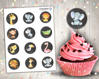 Safari Animals Toppers Jungle Animals Cupcake Toppers ZOO Stickers Girl Boy Birthday Party Monkey Elephant Giraffe Flamingo Zebra Lion