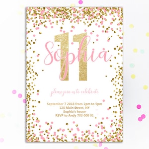 Puede incluir: Una tarjeta de invitaci&oacute;n blanca con purpurina dorada y confeti rosa. El n&uacute;mero "11" es en purpurina dorada, con el nombre "Sophia" en escritura rosa. El texto "please join us to celebrate" est&aacute; debajo.