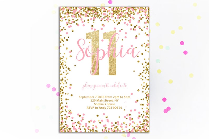 Puede incluir: Una tarjeta de invitaci&oacute;n blanca con purpurina dorada y confeti rosa. El n&uacute;mero "11" es en purpurina dorada, con el nombre "Sophia" en escritura rosa. El texto "please join us to celebrate" est&aacute; debajo.