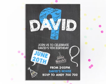 9th Birthday Invitation Boy Birthday Invitation 9th Birthday Invitation Chalkboard Ninth Birthday Invite Birthday Party Kids Party Invite