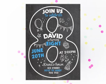 Eighth Birthday Invitation Boy Birthday Invitations 8th Birthday Invitation Number 8 Chalkboard Birthday Invite Chalk Eighth Printable