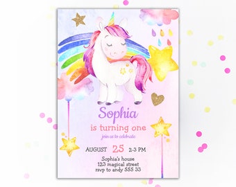 Unicorn Birthday Invitation Magical Celebration Rainbow Girl Unicorn Birthday Invitations Girl Rainbow Birthday invite Colorful Watercolor