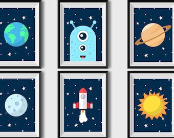 Outer Space Kids Art Print Boy Nursery wall art Rocket Ship Baby Boy Printable Boys Room Decor Stars Digital Nursery Art Planets prints Blue