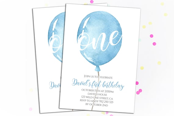 Boy 1st Birthday Invitation Balloon 1st Birthday Invitation Boy First Birthday Invitations Baby Boy Blue Invite Simple Modern Printable