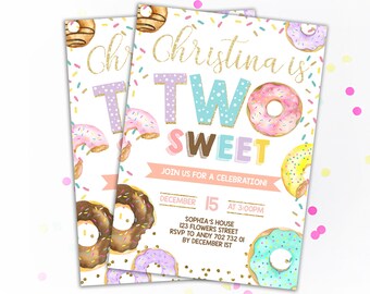 Donut Birthday Invitation Donut Party Girl Birthday Invitations Donut Invitation Two Sweet 2nd Birthday Invitations Donut Second Birthday