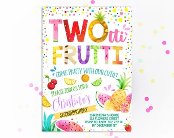 Twotti Frutti Girl 2nd Birthday Invitation Tutti Frutti Tropical Summer Fruits Girls Second Birthday Pineapple Watermelon Cute Colorful DIY