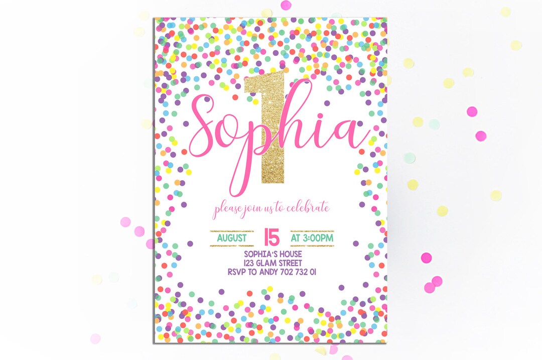 1st Birthday Invitation Girl Birthday Invite Confetti Birthday Etsy