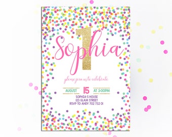 1st Birthday Invitation Girl Birthday Invite Confetti Birthday Invitations Polka Dot Colorful Party Invitations Rainbow Pink Gold Glitter