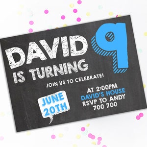 9th Birthday Invitation Boy Ninth Birthday Invitation Chalkboard ...