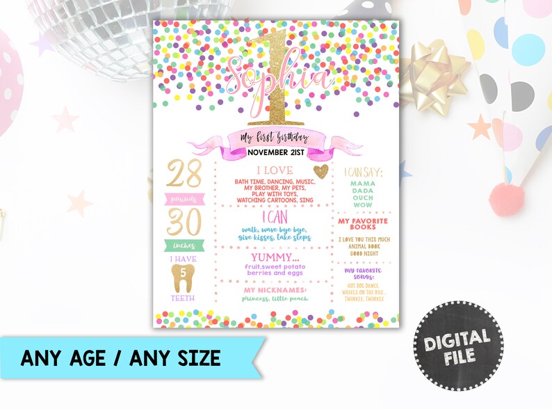 Girl First Birthday Milestone Poster Rainbow Confetti 1st Birthday Party Sign Girl Birthday Board Milestone Print Polka Dot Gold Glitter