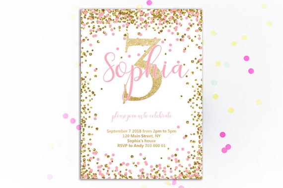girl 3rd birthday invitation pink and gold third birthday invite pink birthday invitations glitter confetti birthday invites blush pink diy 3rd bday invitation