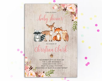 Pink Woodland Animals Baby Shower Rustic Forest Animals Boho Baby shower invitations Watercolor Floral Girl Baby shower Fox Deer Owl invites