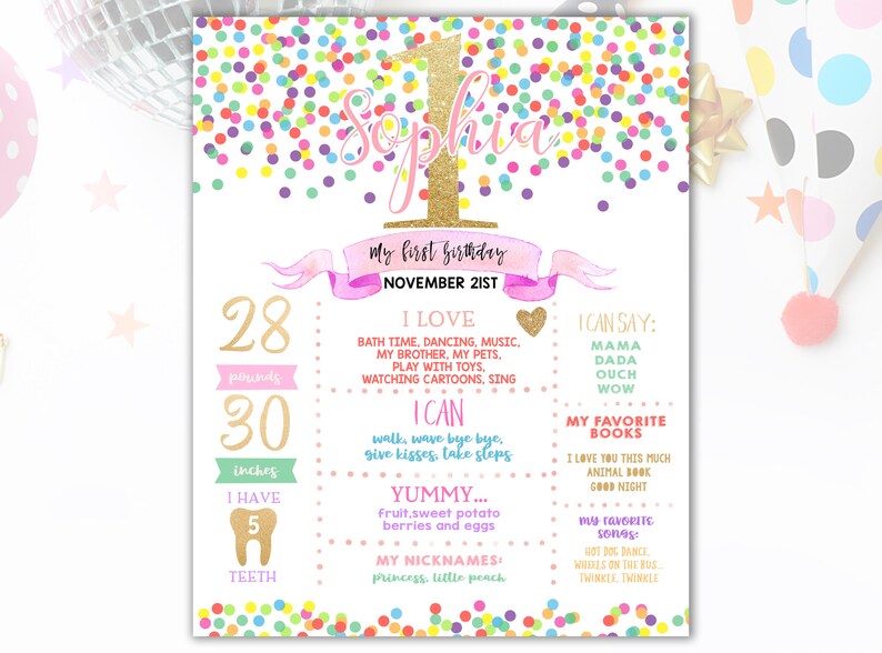 Girl First Birthday Milestone Poster Rainbow Confetti 1st Birthday Party Sign Girl Birthday Board Milestone Print Polka Dot Gold Glitter