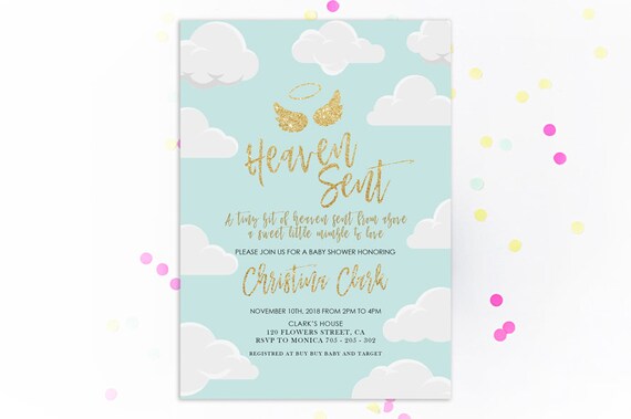 Heaven Sent Baby Shower Invitation Angel Theme Baby Shower Etsy