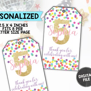 Rainbow Confetti Girl Favor Tags Polka Dot Birthday Thank You Tags Gold Favor Tags Glitter Birthday Party Gift Tag Personalized PRINTABLE