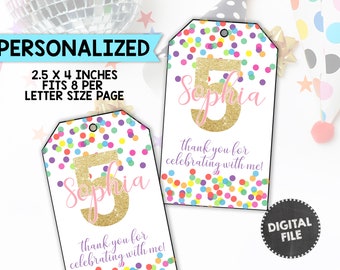 Rainbow Confetti Girl Favor Tags Polka Dot Birthday Thank You Tags Gold Favor Tags Glitter Birthday Party Gift Tag Personalized PRINTABLE