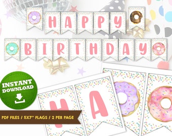Donut Party Banner Happy Birthday Banner Printable Girl Birthday Banner Sprinkles Banner Sweet Celebration Donuts Instant Download DIGITAL
