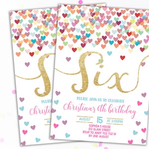 6th Birthday Invitation Girl Sixth Birthday Invitations Colorful Hearts Rainbow Confetti Gold Glitter Pink Gold Polka Dot Girl Party Invite