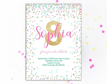 Invitación de cumpleaños número 8, rosa, turquesa, dorado, con confeti, invitación de cumpleaños para niña, invitaciones de octavo cumpleaños, invitaciones de arcoíris imprimibles