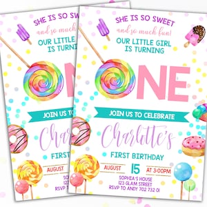 Candyland Birthday Invitation Girl First Birthday 1st Birthday Invite Rainbow Confetti Sweets Donuts Sweet Celebration Colorful Cute Invite