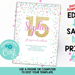 15th Birthday Invitation Editable Pink Gold Confetti Girl Teen Birthday ...