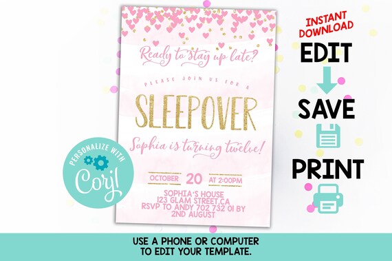EDITABLE Sleepover Invitation Template Slumber Party Invitation Sleepover Birthday Invitation Printable Pajama Party Girl Birthday Pink Gold