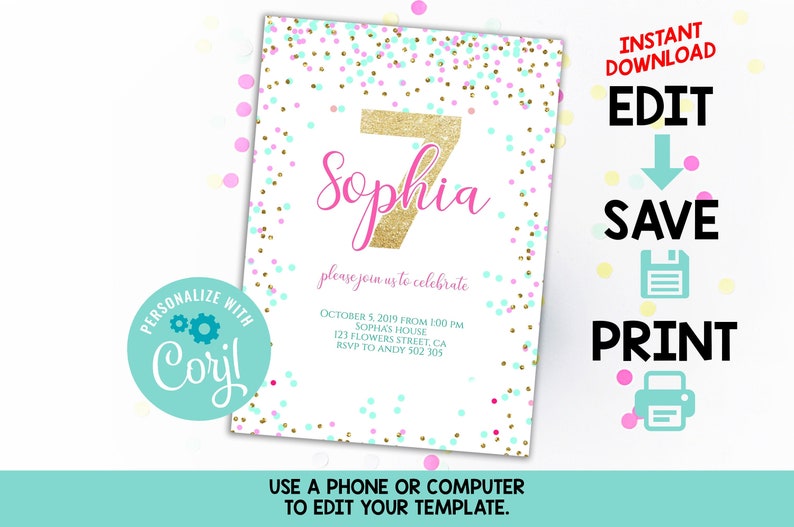 7th Birthday Invitation Editable Pink Gold Confetti Girl 7th Etsy