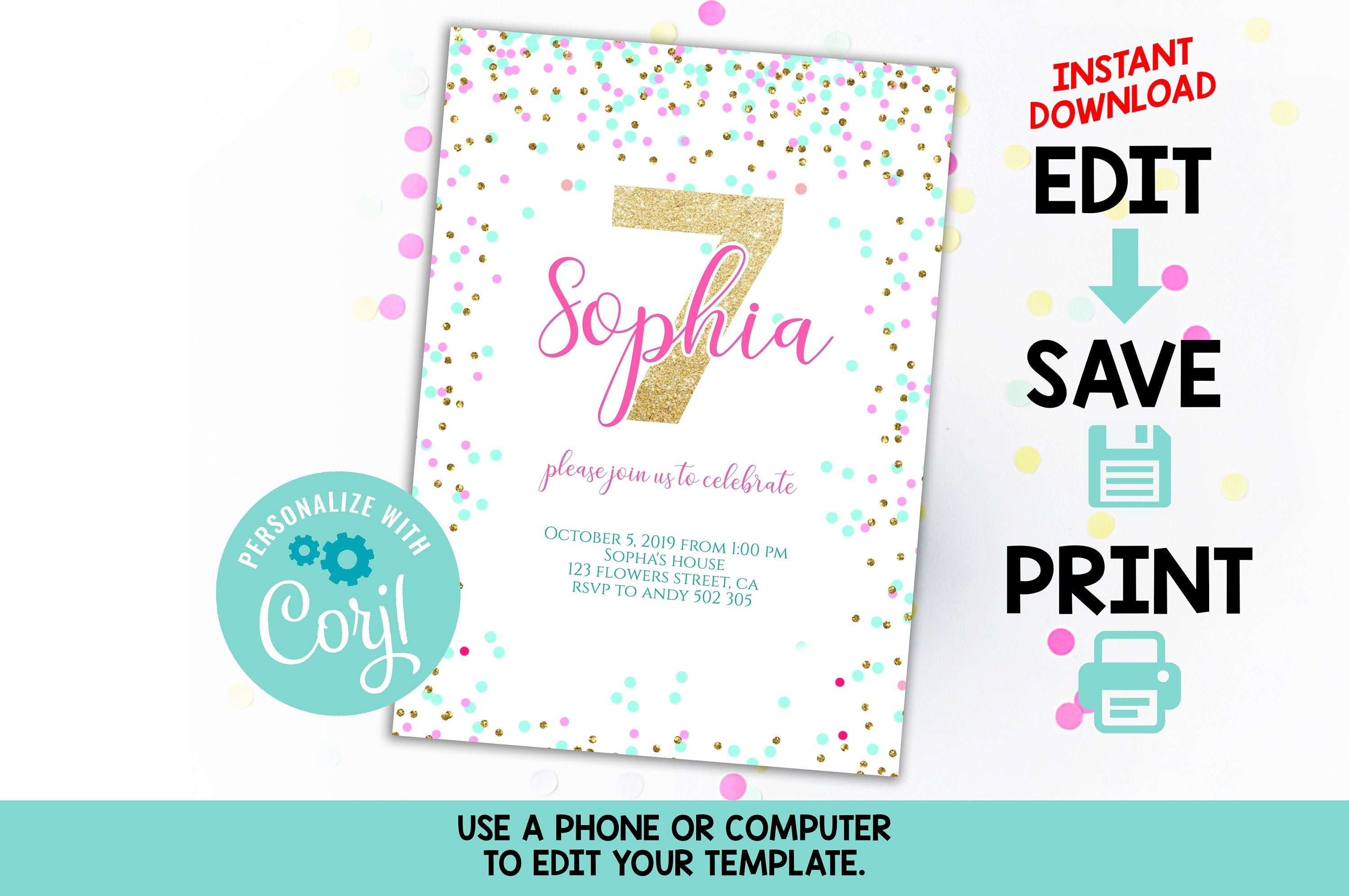 7th Birthday Invitation Editable Pink Gold Confetti Girl 7th Etsy