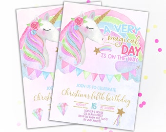 Unicorn Invitation Unicorn Birthday Invitation Unicorn Party Invitation Magical Day Girl Unicorn Theme Invitations Princess Rainbow Gold