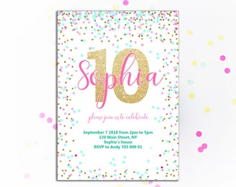 10. Geburtstags-Einladung Regenbogen 10. Geburtstags-Party-Gold-Konfetti Einladungen zum 10. Geburtstag Mädchen rosa Teal Glitter Printable Jedes Alter