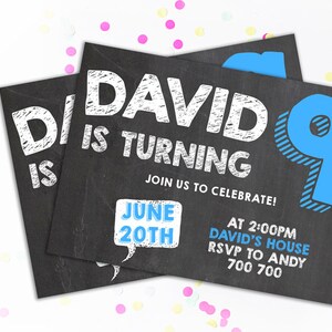 9th Birthday Invitation Boy Ninth Birthday Invitation Chalkboard ...