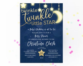 Moon and stars Baby shower invitation Twinkle Twinkle Little Star Navy Blue Gold Glitter Invite Printable Over the moon Boy Baby shower