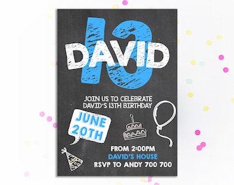 13th Birthday Invitation Boy Birthday Invitation 13th Birthday Invitation Chalkboard Birthday Invite Tween to Teen Boy Birthday Number 13