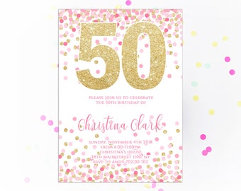 50th Birthday Invitation Gold Glitter Adult Birthday Invitations Pink Confetti Female Birthday Invite Surprise Party Women Birthday Invites