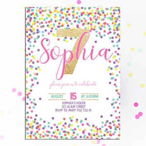Puede incluir: Una colorida invitaci&oacute;n de cumplea&ntilde;os con dise&ntilde;o de confeti. La invitaci&oacute;n presenta el nombre "Sophia" en escritura rosa, un "7" dorado brillante y el texto "please join us to celebrate". La fecha es el 15 de agosto a las 3:00 PM.