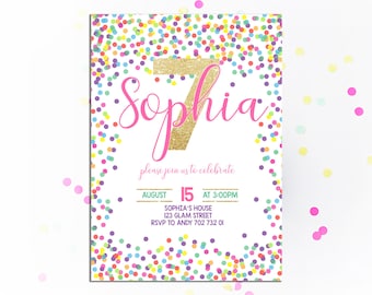 Geburtstagseinladung 7. Geburtstag einladen Konfetti Geburtstagseinladungen Polka Dot Bunt Party Einladungen Regenbogen Pink Gold Glitzer