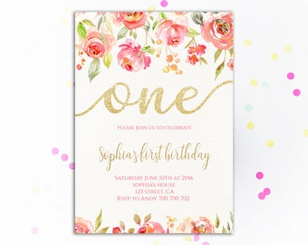 First Birthday Invitation Floral Birthday Invitations Girl Pink and Gold Rose Blush Flowers Boho 1st Birthday Watercolor Gold Glitter invite