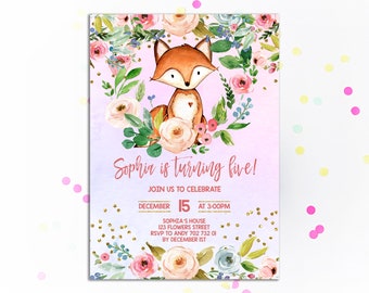 Fox Boho Birthday Invitation Girl Party Invite Floral Watercolor Gold Confetti Kids Birthday Invite Woodland Blush Pink Peony Fox Birthday