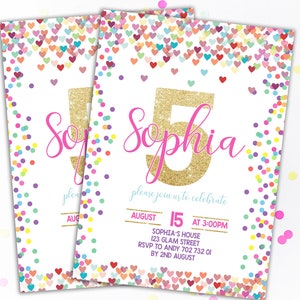 5th Birthday Invitation Pink Gold Confetti Fifth Birthday Invite Girl Confetti Birthday Girl Birthday Invitations Rainbow Hearts Printable