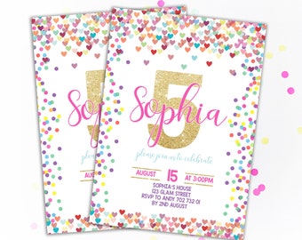 5th Birthday Invitation Pink Gold Confetti Fifth Birthday Invite Girl Confetti Birthday Girl Birthday Invitations Rainbow Hearts Printable
