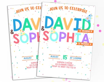 Colorful Joint Birthday Party Invitation Friend Birthday Party Sibling Birthday Double Birthday Party Joint Birthday Twins Boy and Girl