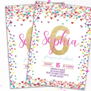 6th Birthday Invitation Pink Gold Confetti Sixth Birthday Invite Girl Confetti Birthday Girl Birthday Invitations Rainbow Hearts Printable