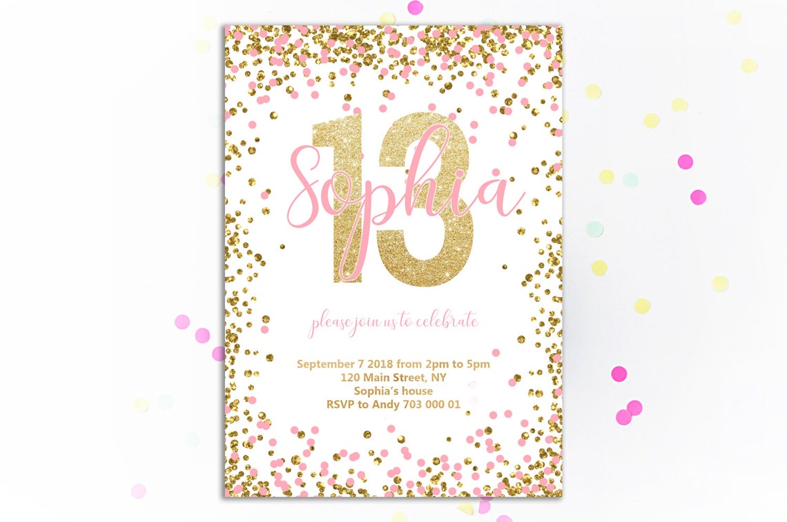 Mädchen 13. Geburtstag Einladung rosa und Gold dreizehnten | Etsy
